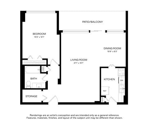 Floor plan for 1 bed, 1 bath, 800 sqft